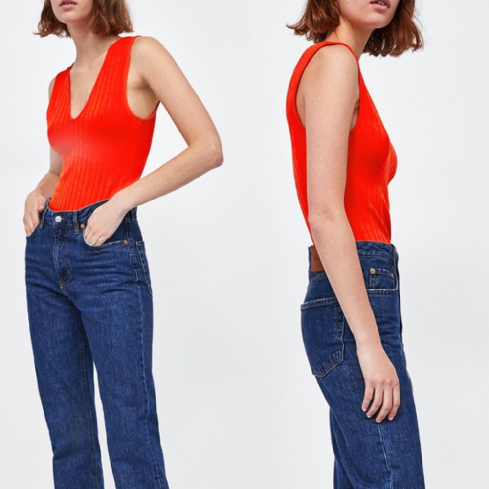Zara Ribbed Plunge Neck Bodysuit
